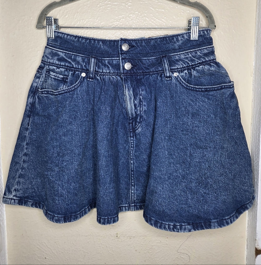 Scoop Womens Blue Denim Mini Skirt Double Waist Band Pleated Flared Size 6 NWT